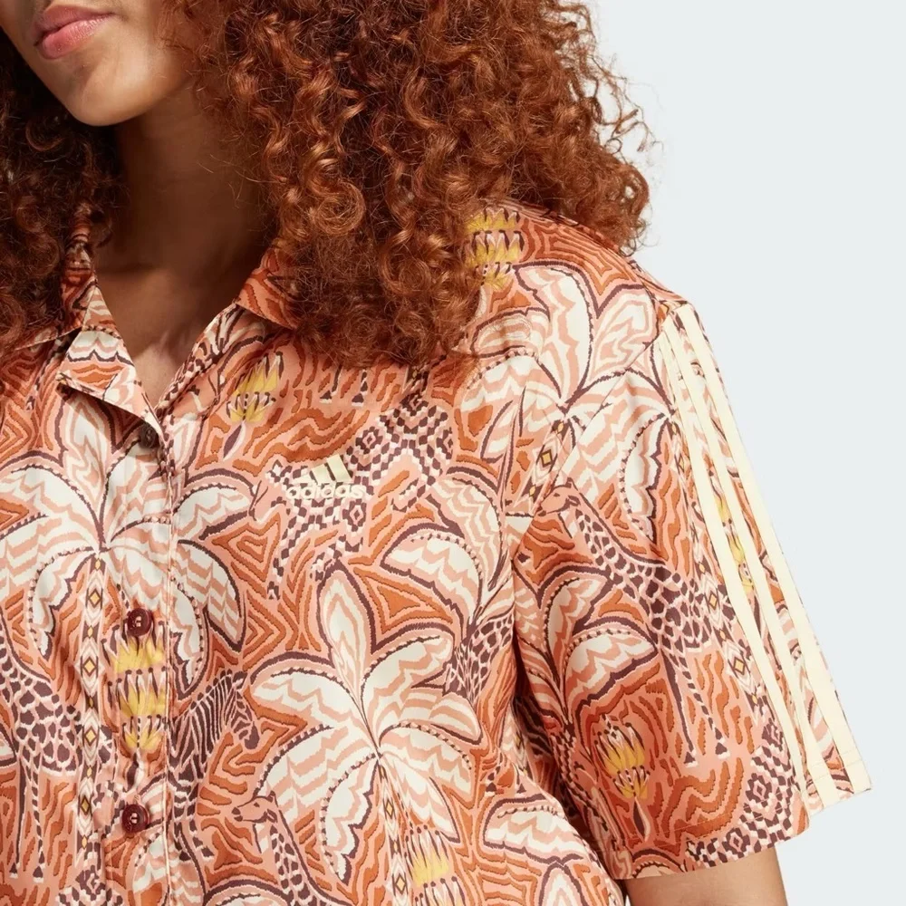 Adidas x FarmRio Orange Button Down Crop Shirt NEW - Picture 3 of 9